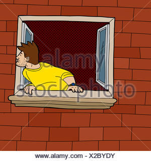 A cartoon man looking over a brick wall over white Stock Photo ...