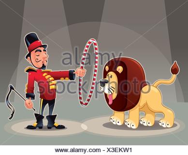 Lion Tamer with lion. Funny cartoon and vector circus illustration ...