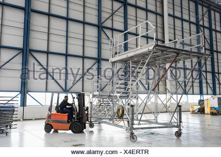 Aircraft maintenance engineer driving forklift truck at airlines maintenance facility