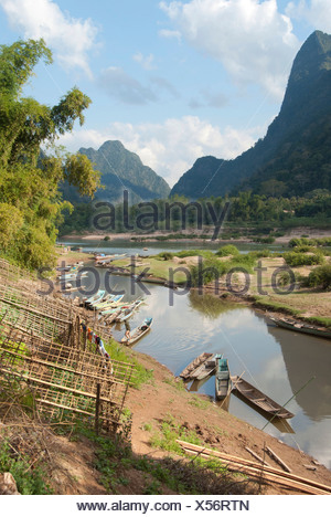 River landscape, boats on the shore, Nam Ou river, Muang Ngoi Kao, Luang Prabang province, Laos, Southeast Asia, Asia