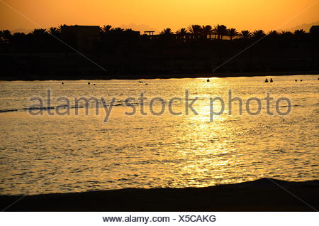 Warmer Sonnenuntergang Mit Strand Am Meer Und Vielen Palmen Stock Photo Alamy