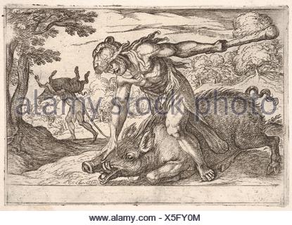 Hercules and the Boar of Erymanthus: Hercules holds down the boar´s ...