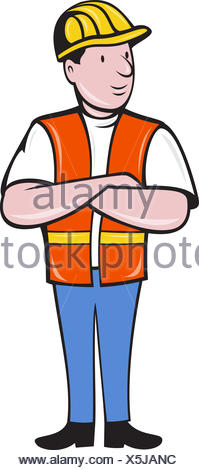 cartoon construction worker with safety vest and helmet over white ...