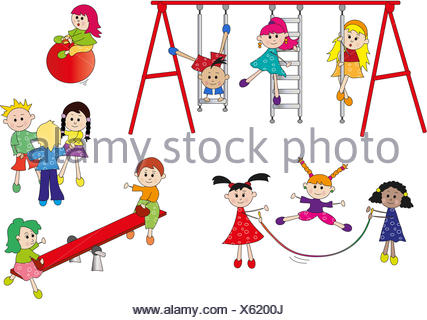 illustration of school with children in playground Stock Photo