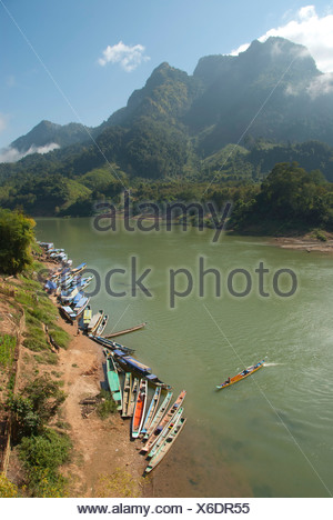 River landscape, many boats on the shore, Nam Ou river, Nong Khiao, Luang Prabang province, Laos, Southeast Asia, Asia