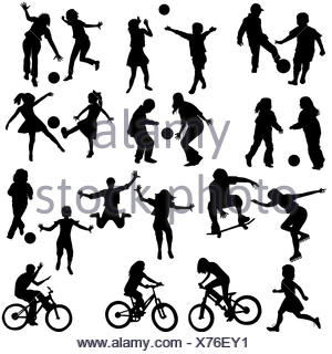 Group of active children, hand drawn silhouettes of kids playing Stock ...