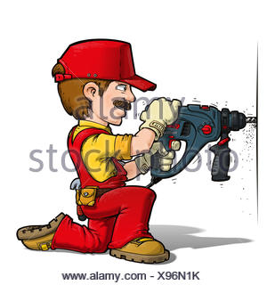 Cartoon illustration of a construction worker drilling on a wall Stock ...