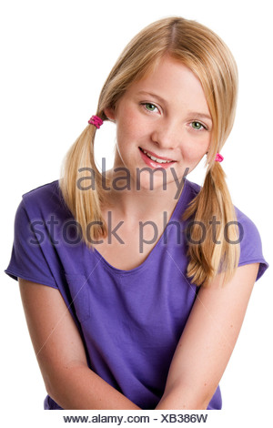 Beautiful cute teenager girl with pigtails thinking about her options ...