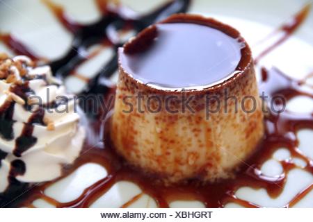 Flan caramel with cream on plate dessert Spain.