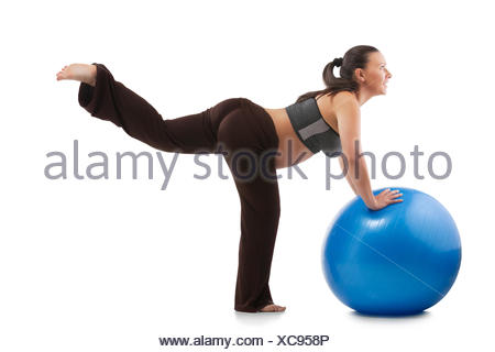 belly tummy sport gymnastics pregnancy yoga ball young younger fitness pregnant Stock Photo 