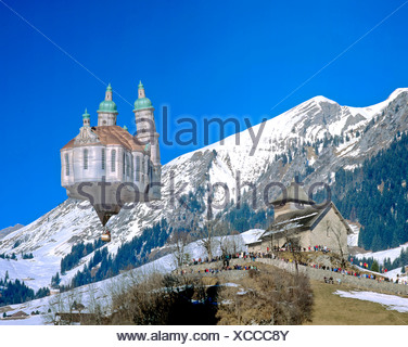 Switzerland, Europe, Vaud, Chateau d'Oex, balloon, church