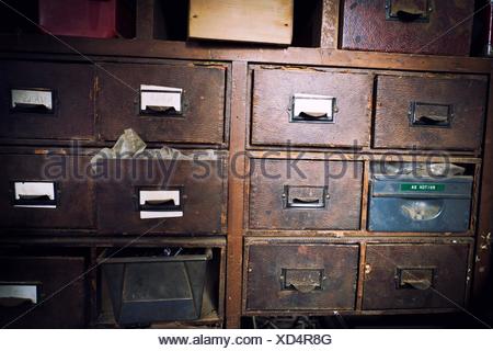 Vintage Filing Cabinet With Wooden Drawers In A Carpentry Workshop