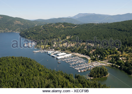 Aerial view of Maple Bay and Maple Bay Marina, Vancouver Island Stock