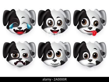 Emojis hund Vektor einrichten. Welpen Hunde Tier emoticon Kopf mit traurigen und lustigen Gesicht für Design Element in weißem Hintergrund. Vector Illustration 3d. Stock Vektor