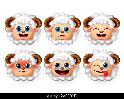 Schafe Emoticon und emojis Vektor einrichten. Schafe oder Lamm Gesicht Emoticons mit 3d-realistischen Design in wütend und lustigen Gesichtsausdruck in Weiß isoliert. Stock Vektor