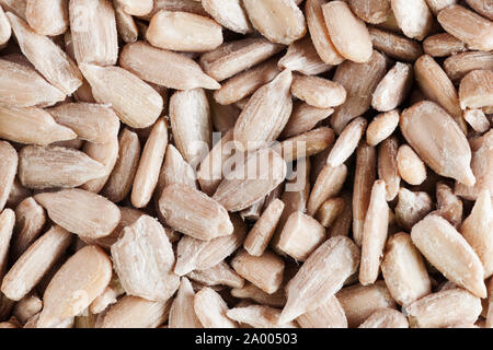 Full Frame Ansicht von geschälten Sonnenblumenkernen auf neutralem Hintergrund. Stockfoto
