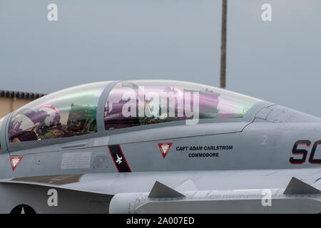 U.S. Navy EA-18G Growler Piloten bei Misawa Air Base, Japan zu den elektronischen Angriff Squadron 132 zugeordnet, kommt an Yokota AB, Japan, Sept. 13, für Freundschaft Festival 2019. Das Festival war eine Gelegenheit für die Besucher der amerikanischen Kultur zu erleben, während die Bande zwischen Yokota und den lokalen Gemeinschaften. (U.S. Air Force Foto von Airman 1st Class) Bolfing Brieana E. Stockfoto
