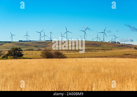 Mühle strom Turbine mit Landschaft Hintergrund. Ackerland und Windkraftanlagen. Myrtleville, NSW, Australien Stockfoto