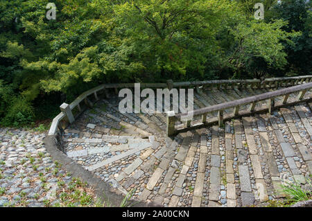 Luftaufnahme, Blick von oben auf Steintreppe biegen. Kunozan Tosho-gu Schrein staicase, Shizuoka, Japan Stockfoto