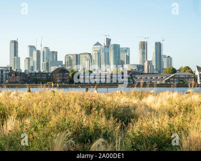 Blick über die Themse in Richtung Canary Wharf von Greenwich, London Stockfoto