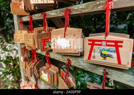 Schriftliche Wünsche zu Gottheiten auf kleinen Brettern, Platten, Ema, Kumano Hayatama Taisha, Shinto Schrein, Wakayama, Japan Stockfoto