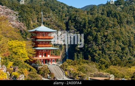 Nachi Wasserfall hinter Pagode des Tempels, Seigantoji Nachisan, Wakayama, Japan Stockfoto