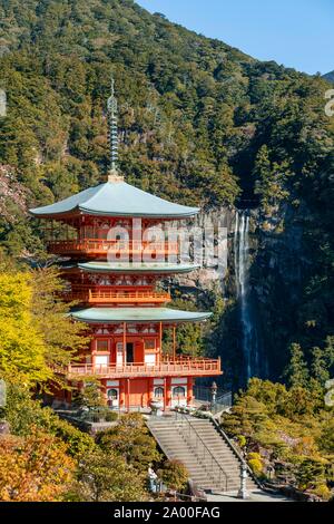 Nachi Wasserfall hinter Pagode des Tempels, Seigantoji Nachisan, Wakayama, Japan Stockfoto