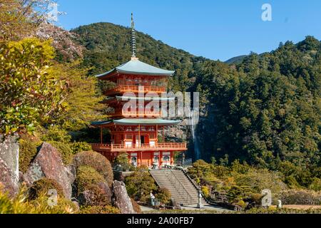 Nachi Wasserfall hinter Pagode des Tempels, Seigantoji Nachisan, Wakayama, Japan Stockfoto