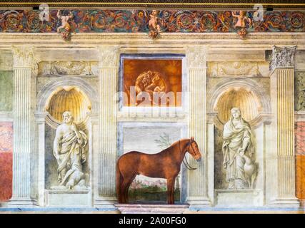 Darstellung der Pferde in der Sala dei Cavalli, der Halle der Pferde, Fresko von Giulio Romano, Palazzo Te Lustschloss, Mantua, Lombardei, Italien Stockfoto