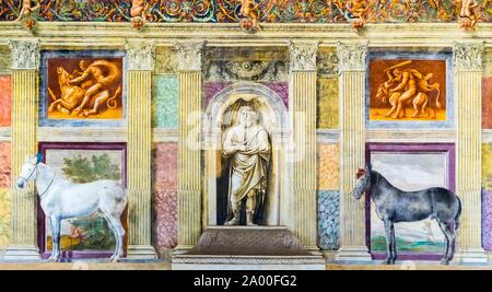 Darstellung der Pferde in der Sala dei Cavalli, der Halle der Pferde, Fresko von Giulio Romano, Palazzo Te Lustschloss, Mantua, Lombardei, Italien Stockfoto