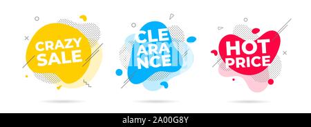 3 Moderne Flüssigkeit abstrakte verrückt Verkauf, Clearance, heißer Preis text Flat Style fluid Amöbe Color Vector Illustration Banner oder Flyer leflet ic eingestellt Stock Vektor