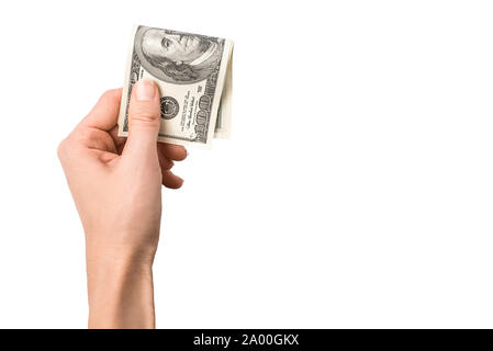 Dollar in der Frau die Hand auf weißem Hintergrund. Stockfoto