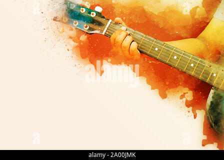 Abstrakt schön spielen akustische Gitarre im Vordergrund auf Aquarell Hintergrund und Digitale Illustration Bürste Art. Stockfoto