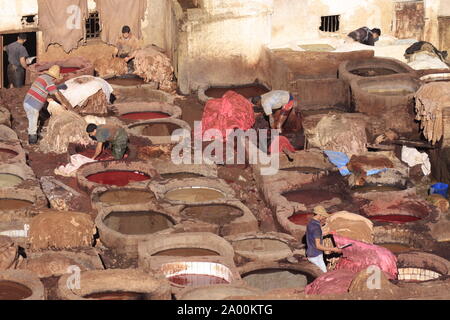 Fez, Marokko - Januar 01, 2010: Arbeitnehmer sind die Färbung und das Gerben von Leder in der Gerberei in Fez nach der traditionellen Methode mit Taube Mist und Salz. Stockfoto