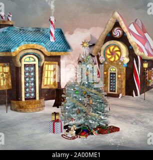 Lebkuchen Dorf mit Weihnachtsbaum Stockfoto