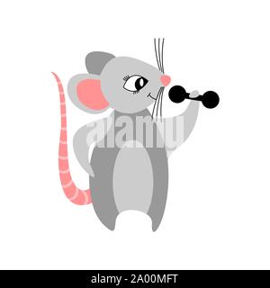Cute cartoon Maus Bodybuilder auf weißem Hintergrund. Schöne Ratte Gebäude Muskeln mit Hanteln. Flache Vector Illustration. Stock Vektor