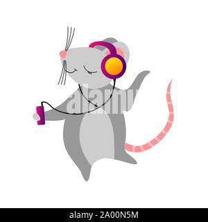 Cute cartoon Maus hören zu einem Player auf weißem Hintergrund. Flache Vector Illustration. Stock Vektor