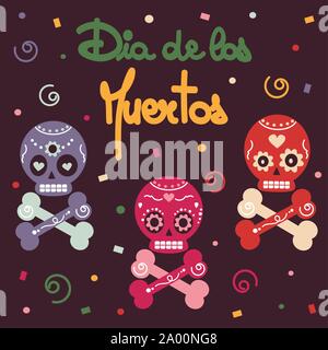Dia de los Muertos handgezeichneten Schriftzug Vektor Karte Abbildung mit bunten Totenköpfen und Konfetti Stock Vektor