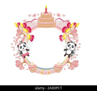 Abbildung: niedliche Pandas und Cupcakes - Happy Birthday frame Stock Vektor