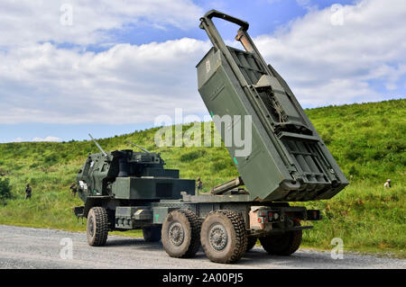 Yamoto, Japan. 17 Sep, 2019. Die US-Armee Artillerie Raketensystem M142 in den Vereinigten Staaten und Japan militärische gemeinsame Einsatz von 'Orient Shield 2019' an Oyanohara Force Base. Yamato, 17.09.2019 | Verwendung der weltweiten Kredit: dpa/Alamy leben Nachrichten Stockfoto