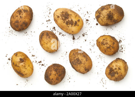 Frische organische Kartoffeln auf weißem Hintergrund. Ansicht von oben, flach Stockfoto