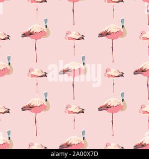 Elegante ruhig flamingo Sommer Muster. Realistische Flamingo Vogel in der geometrischen Reihe in Pastell rosa Farbtönen. Für Mode, Stoffe, Tapeten, Verpackungsdesign, stationär. Stock Vektor