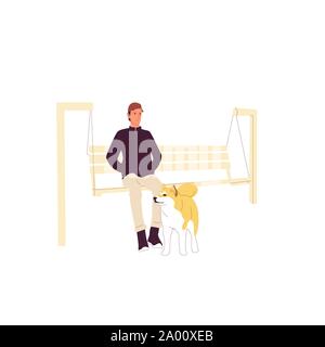 Man sitzt mit einem shiba inu Hund auf einer Bank im Freien. Auf weissem Hintergrund. Flat Style cartoon Vektor Stock Vektor