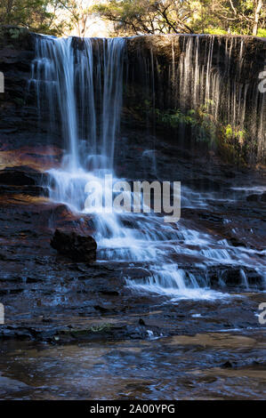 Wasser fließt über Rock, Weeping Rock Wasserfall hautnah. Wentworth Falls, Blue Mountains National Park, Australien Stockfoto