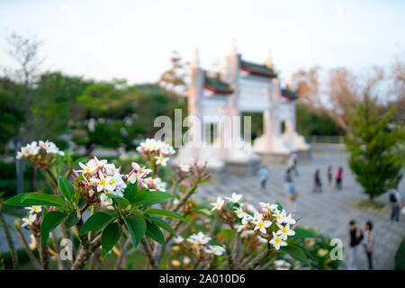 Kaohsiung, Taiwan: Eingangstor zum Märtyrer Schrein von Kaohsiung auf Shou Shan (Affenberg) mit weißen Blumen auf der Vorderseite Stockfoto