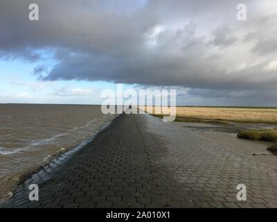 Nordseeküste in Ostfriesland (Ostfriesland) mit dramatischen Wolken und Licht bei kaltem Wetter Stockfoto