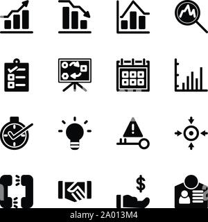 Business Icons eingestellt. Graph, Wachstum, Rückgang, analytische, Task Checkliste, Planen, Daten, Statistik, Ontime, Idee, Lösung, Ziel, Kommunikation, d Stock Vektor