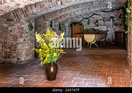 Wasserburg Gerswalde. Restaurierte Wasserschloss vault hosts Hochzeit im mittelalterlichen Stil. Landkreis Uckermark, Brandenburg, Deutschland. Stockfoto