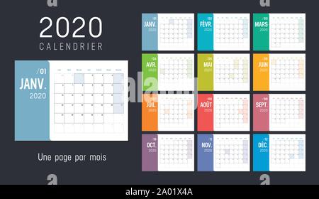 2020 bunte Monatskalender, in französischer Sprache, auf schwarzem Hintergrund. Vektor Vorlage. Stock Vektor