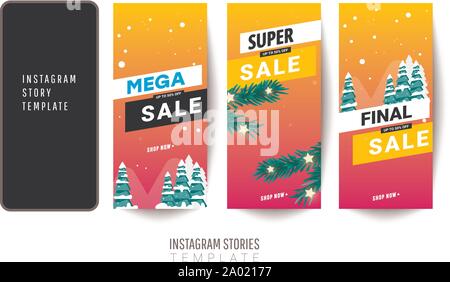 Winter super sale Banner oder Poster template Design mit Geschenkboxen, Weihnachtsbäume für Social Media post oder Website Banner. Stock Vektor